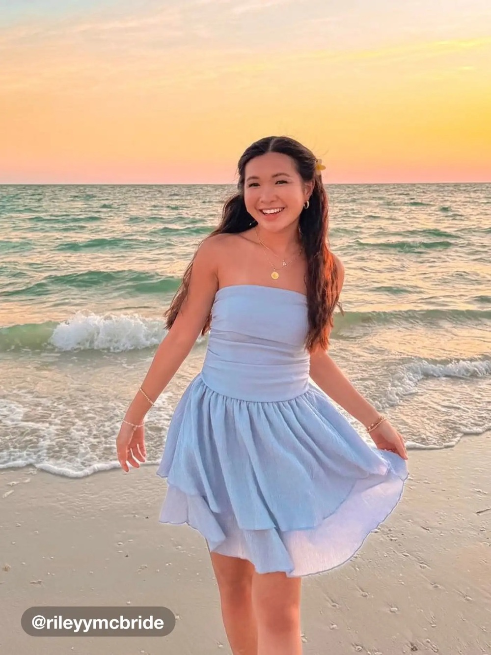 Cider Strapless Ruched Ruffle Tiered Mini Dress in Light Blue